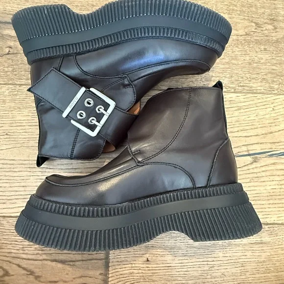 Ganni Chocolate Brown Buckle Boots w/ Black Sole - Picture 2 of 7